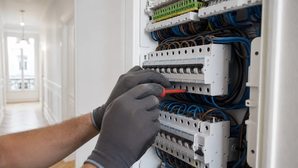 Électricien professionnel câblant un tableau électrique neuf